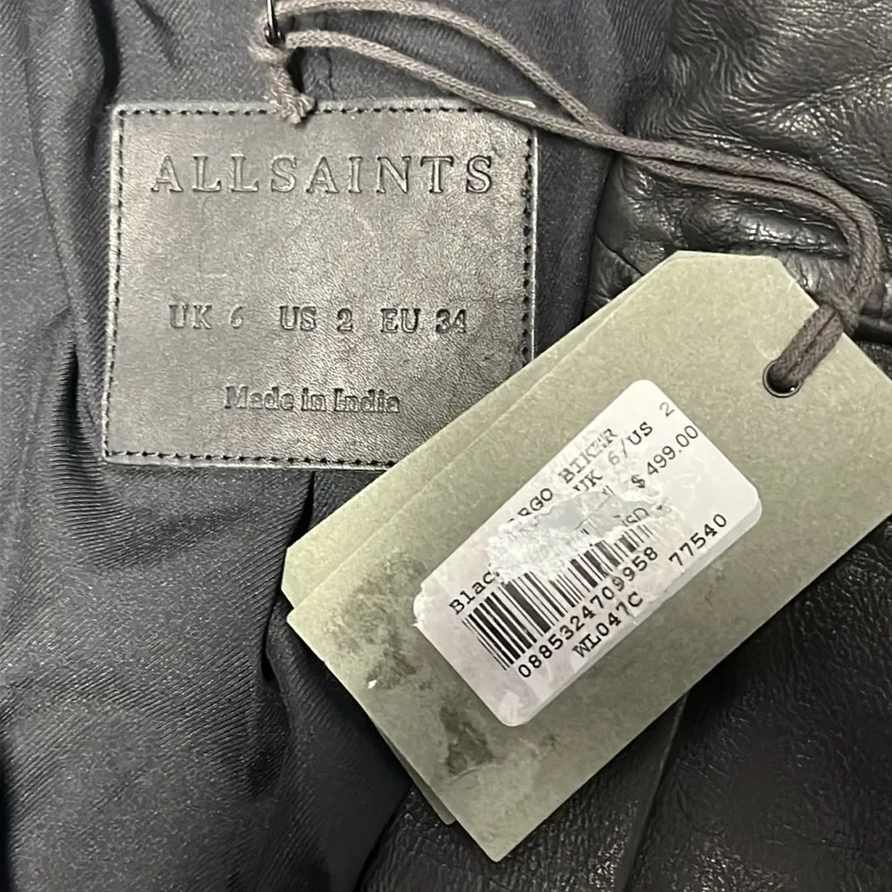 NWT ALL‎ SAINTS | Black Cargo Distressed Leather Biker Jacket XS 2